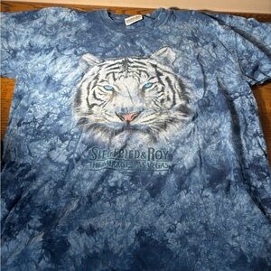 Siegfried & Roy Vintage Blue Tie-Dye Mens Shirt with Tiger Print, XL